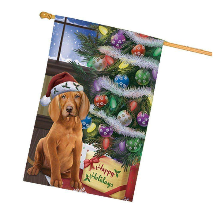 Christmas Happy Holidays Vizsla Dog with Tree and Presents House Flag