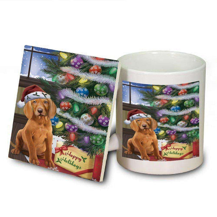 Christmas Happy Holidays Vizsla Dog with Tree and Presents Mug and Coaster Set