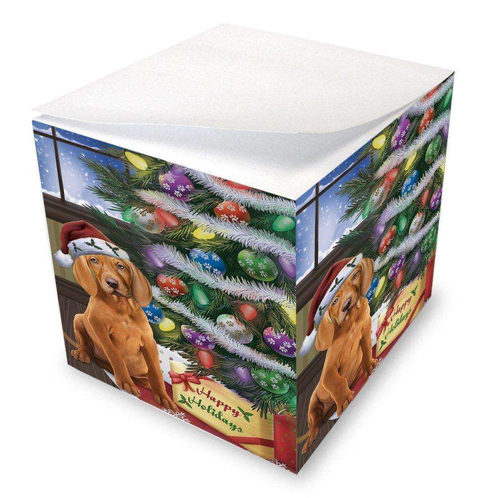 Christmas Happy Holidays Vizsla Dog with Tree and Presents Note Cube