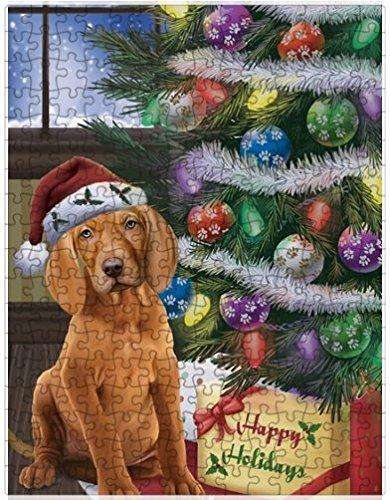 Christmas Happy Holidays Vizsla Dog with Tree and Presents Puzzle with Photo Tin