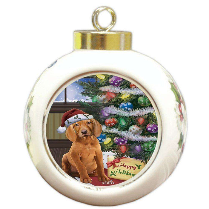 Christmas Happy Holidays Vizsla Dog with Tree and Presents Round Ball Ornament