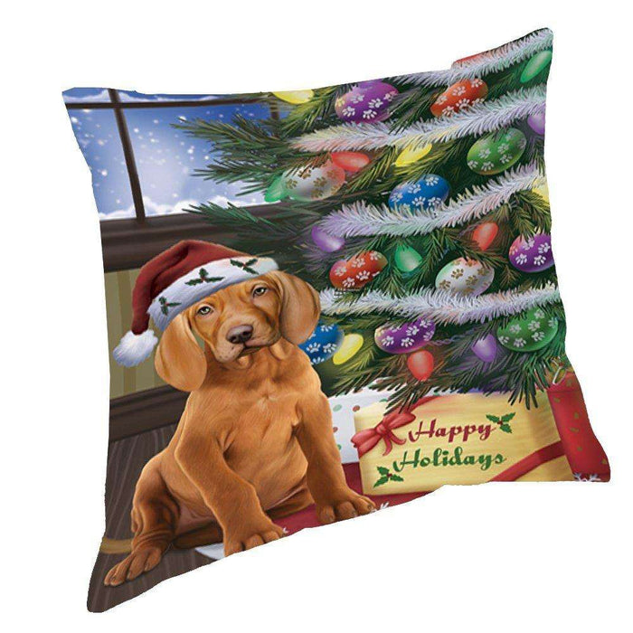 Christmas Happy Holidays Vizsla Dog with Tree and Presents Throw Pillow