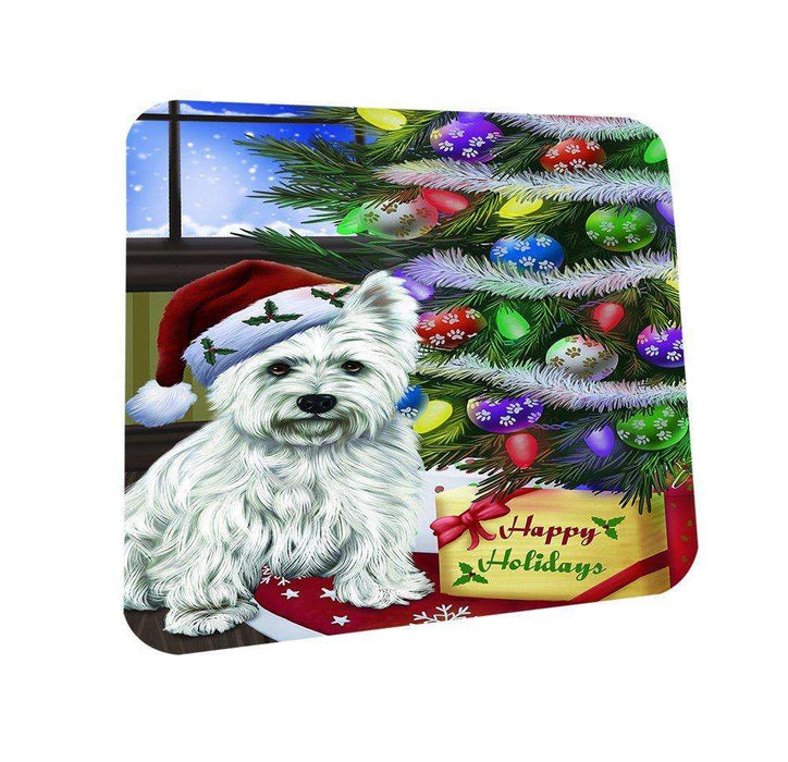 Christmas Happy Holidays West Highland Terriers Dog with Tree and Presents Coasters Set of 4