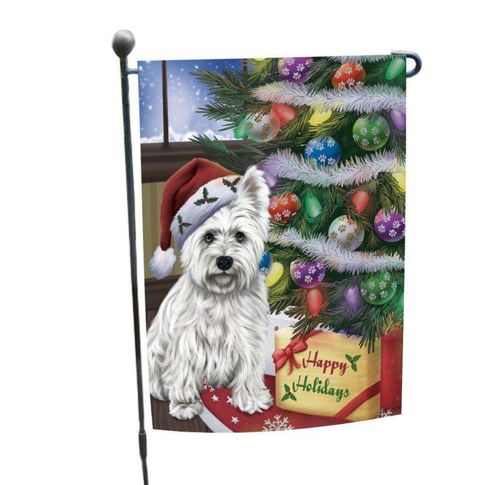 Christmas Happy Holidays West Highland Terriers Dog with Tree and Presents Garden Flag