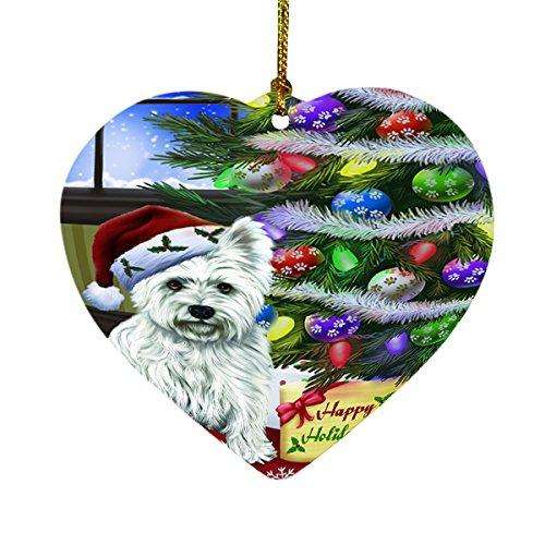 Christmas Happy Holidays West Highland Terriers Dog with Tree and Presents Heart Ornament D081