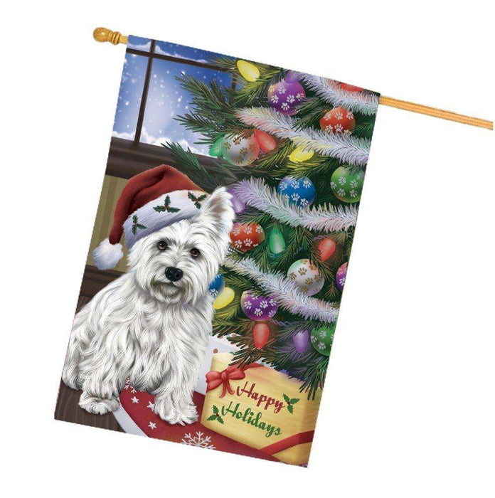 Christmas Happy Holidays West Highland Terriers Dog with Tree and Presents House Flag