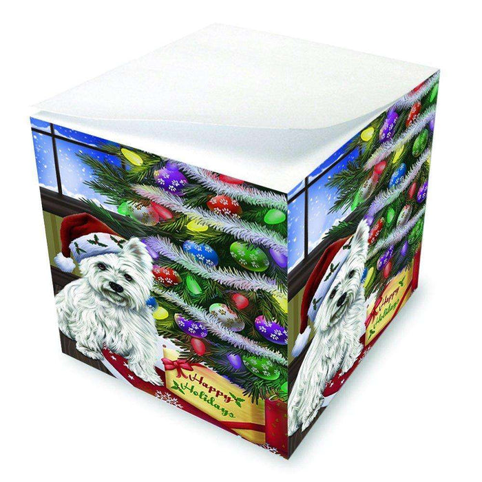 Christmas Happy Holidays West Highland Terriers Dog with Tree and Presents Note Cube D077