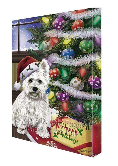 Christmas Happy Holidays West Highland Terriers Dog with Tree and Presents Painting Printed on Canvas Wall Art