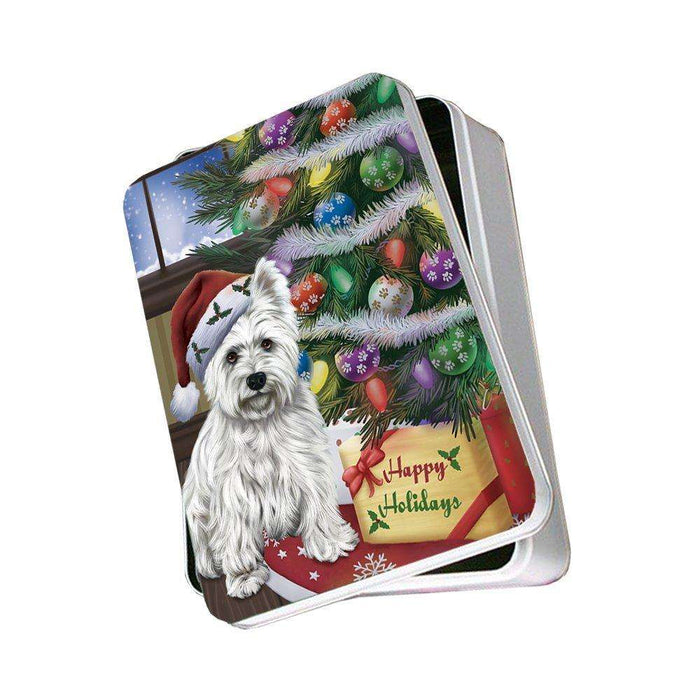 Christmas Happy Holidays West Highland Terriers Dog with Tree and Presents Photo Storage Tin