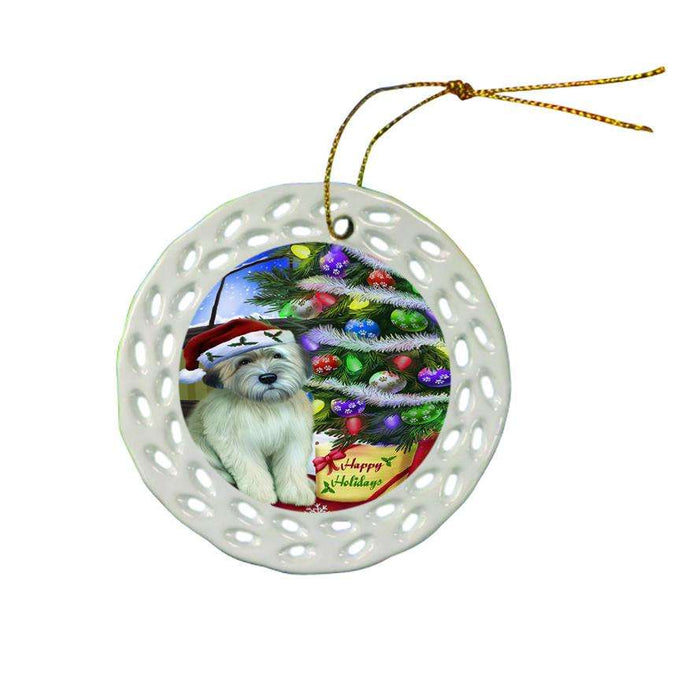 Christmas Happy Holidays Wheaten Terrier Dog with Tree and Presents Ceramic Doily Ornament DPOR53477