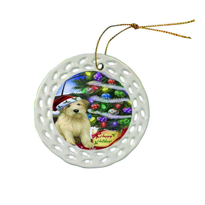 Christmas Happy Holidays Wheaten Terrier Dog with Tree and Presents Ceramic Doily Ornament DPOR53478