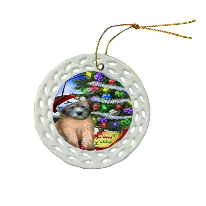 Christmas Happy Holidays Wheaten Terrier Dog with Tree and Presents Ceramic Doily Ornament DPOR53479