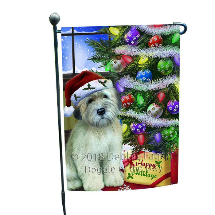 Christmas Happy Holidays Wheaten Terrier Dog with Tree and Presents Garden Flag GFLG53539