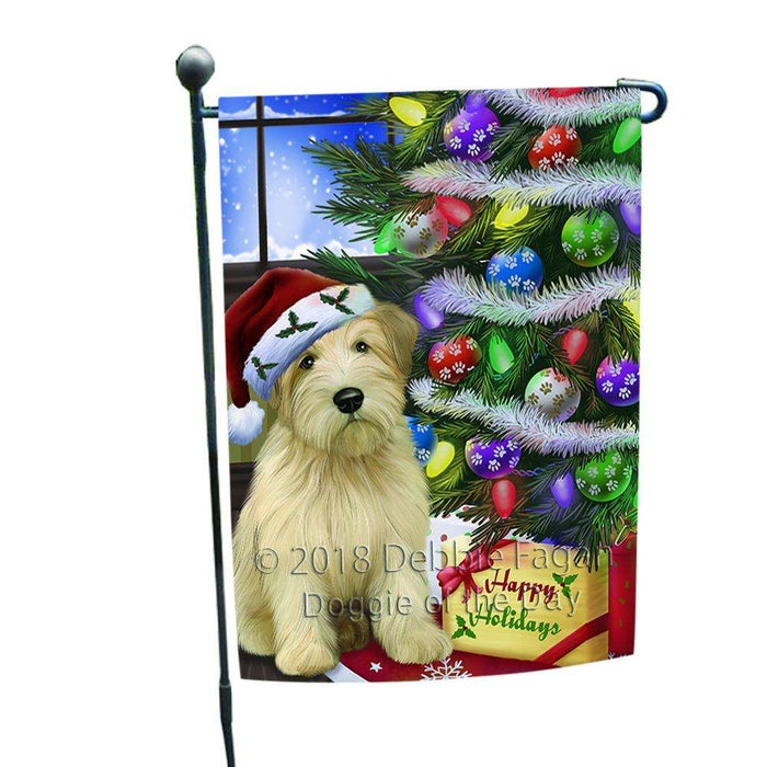 Christmas Happy Holidays Wheaten Terrier Dog with Tree and Presents Garden Flag GFLG53540