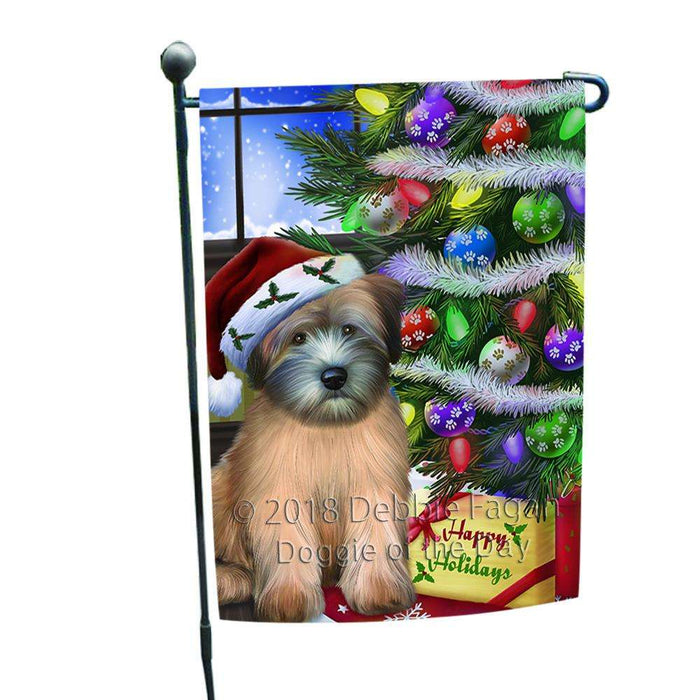 Christmas Happy Holidays Wheaten Terrier Dog with Tree and Presents Garden Flag GFLG53541