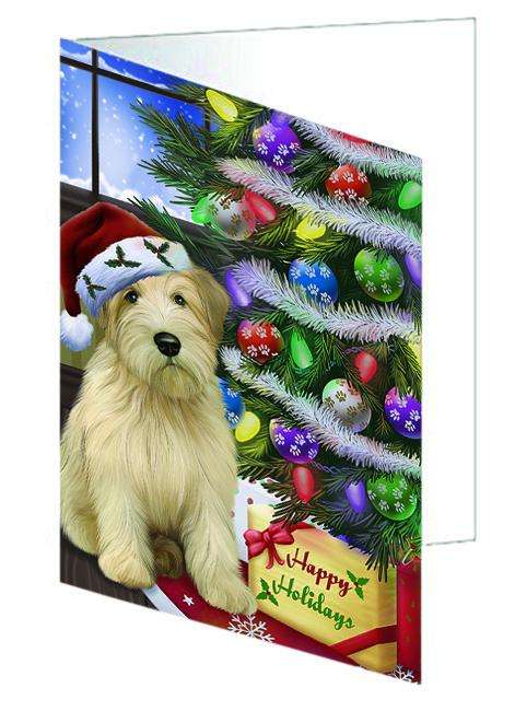 Christmas Happy Holidays Wheaten Terrier Dog with Tree and Presents Handmade Artwork Assorted Pets Greeting Cards and Note Cards with Envelopes for All Occasions and Holiday Seasons GCD64463