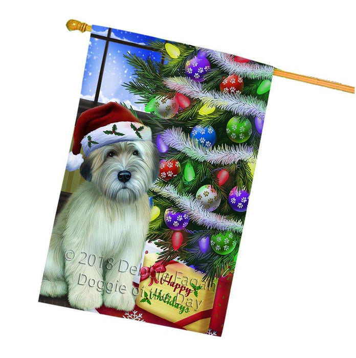 Christmas Happy Holidays Wheaten Terrier Dog with Tree and Presents House Flag FLG53675