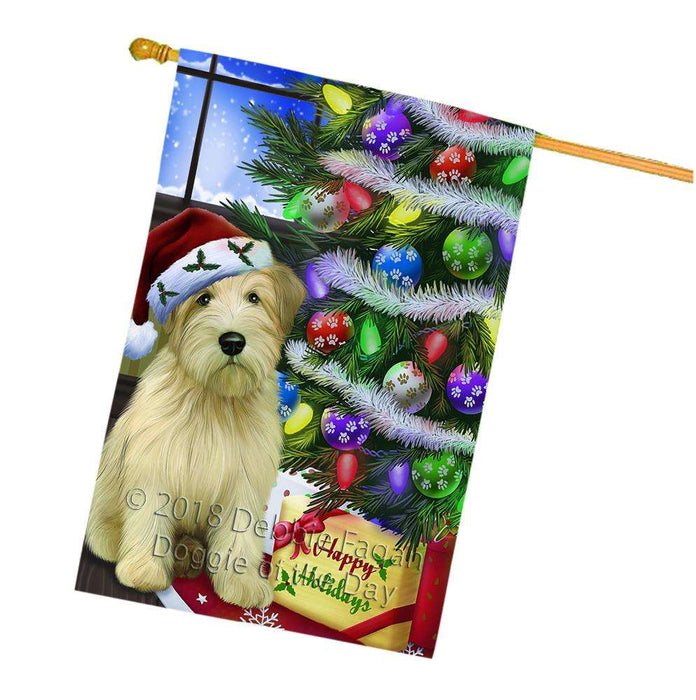 Christmas Happy Holidays Wheaten Terrier Dog with Tree and Presents House Flag FLG53676