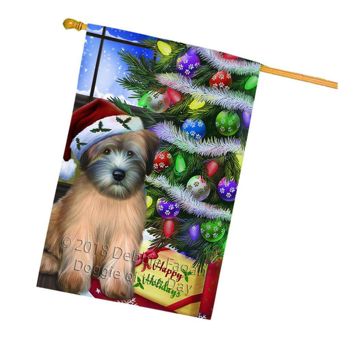 Christmas Happy Holidays Wheaten Terrier Dog with Tree and Presents House Flag FLG53677