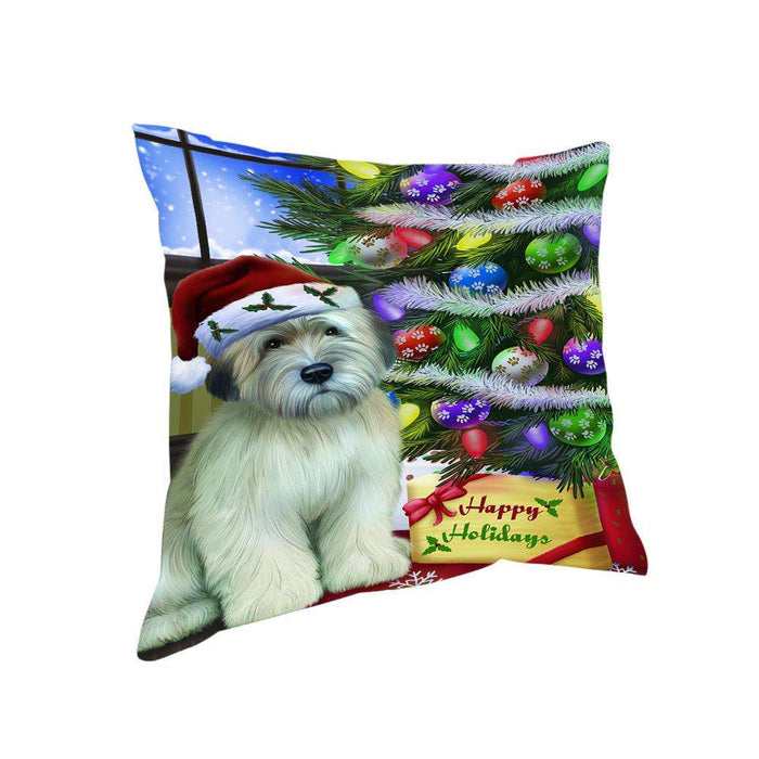Christmas Happy Holidays Wheaten Terrier Dog with Tree and Presents Pillow PIL70532