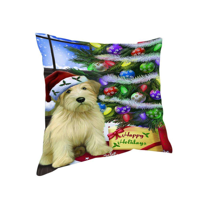 Christmas Happy Holidays Wheaten Terrier Dog with Tree and Presents Pillow PIL70536