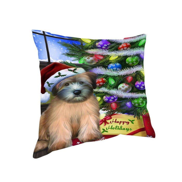 Christmas Happy Holidays Wheaten Terrier Dog with Tree and Presents Pillow PIL70540