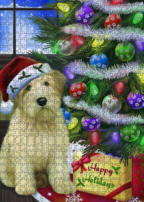 Christmas Happy Holidays Wheaten Terrier Dog with Tree and Presents Puzzle with Photo Tin PUZL81068