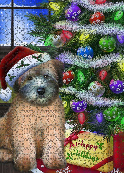 Christmas Happy Holidays Wheaten Terrier Dog with Tree and Presents Puzzle with Photo Tin PUZL81072