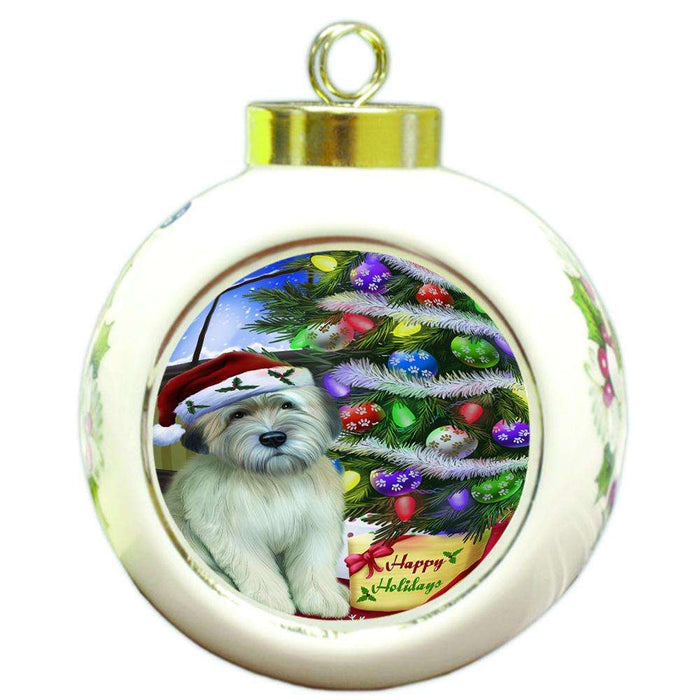 Christmas Happy Holidays Wheaten Terrier Dog with Tree and Presents Round Ball Christmas Ornament RBPOR53477