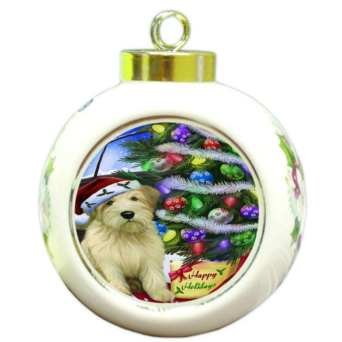 Christmas Happy Holidays Wheaten Terrier Dog with Tree and Presents Round Ball Christmas Ornament RBPOR53478