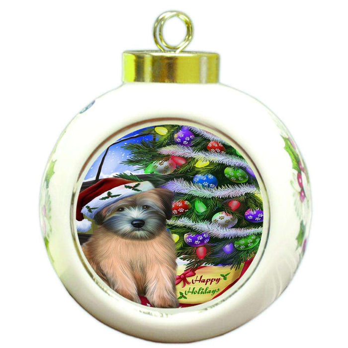 Christmas Happy Holidays Wheaten Terrier Dog with Tree and Presents Round Ball Christmas Ornament RBPOR53479