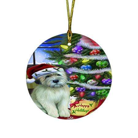 Christmas Happy Holidays Wheaten Terrier Dog with Tree and Presents Round Flat Christmas Ornament RFPOR53468