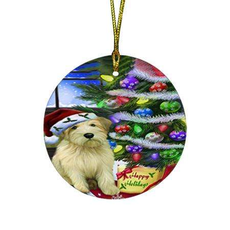 Christmas Happy Holidays Wheaten Terrier Dog with Tree and Presents Round Flat Christmas Ornament RFPOR53469