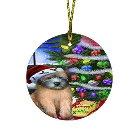Christmas Happy Holidays Wheaten Terrier Dog with Tree and Presents Round Flat Christmas Ornament RFPOR53470