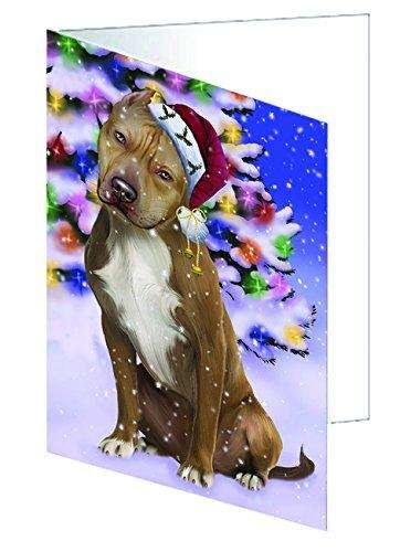 Christmas Happy Holidays Winter Wonderland Pit Bull Adult Dog Handmade Artwork Assorted Pets Greeting Cards and Note Cards with Envelopes for All Occasions and Holiday Seasons GCD2165