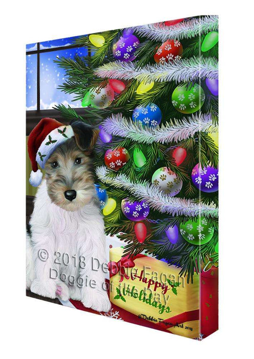 Christmas Happy Holidays Wire Fox Terrier Dog with Tree and Presents Canvas Print Wall Art Décor CVS99179