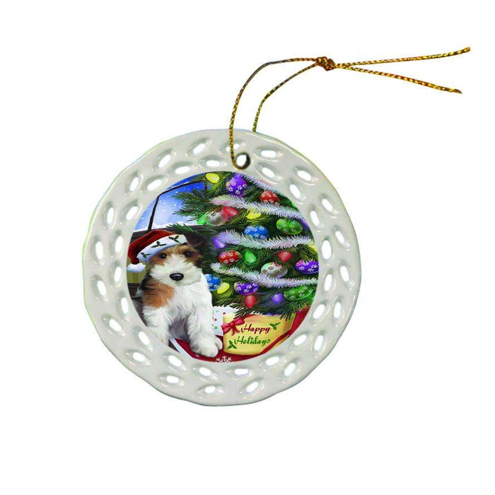 Christmas Happy Holidays Wire Fox Terrier Dog with Tree and Presents Ceramic Doily Ornament DPOR53480