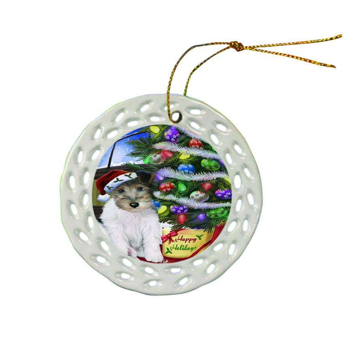 Christmas Happy Holidays Wire Fox Terrier Dog with Tree and Presents Ceramic Doily Ornament DPOR53481