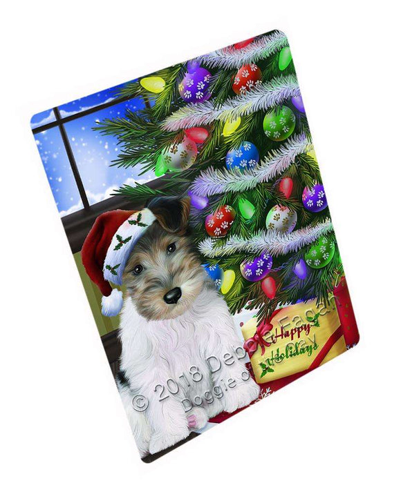 Christmas Happy Holidays Wire Fox Terrier Dog with Tree and Presents Cutting Board C64887
