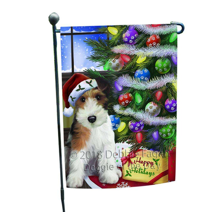 Christmas Happy Holidays Wire Fox Terrier Dog with Tree and Presents Garden Flag GFLG53542