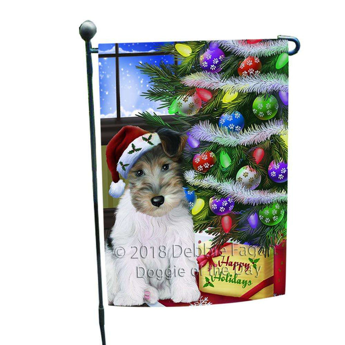 Christmas Happy Holidays Wire Fox Terrier Dog with Tree and Presents Garden Flag GFLG53543