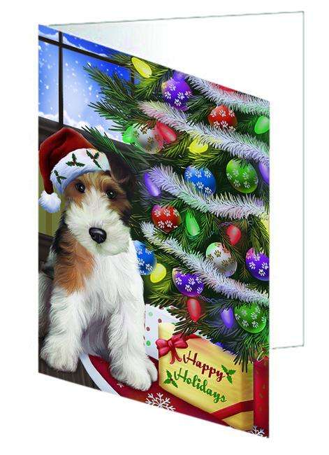 Christmas Happy Holidays Wire Fox Terrier Dog with Tree and Presents Handmade Artwork Assorted Pets Greeting Cards and Note Cards with Envelopes for All Occasions and Holiday Seasons GCD64469