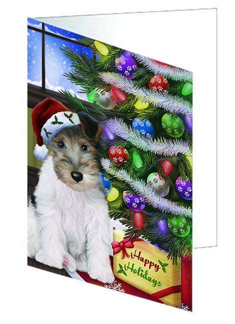 Christmas Happy Holidays Wire Fox Terrier Dog with Tree and Presents Handmade Artwork Assorted Pets Greeting Cards and Note Cards with Envelopes for All Occasions and Holiday Seasons GCD64472