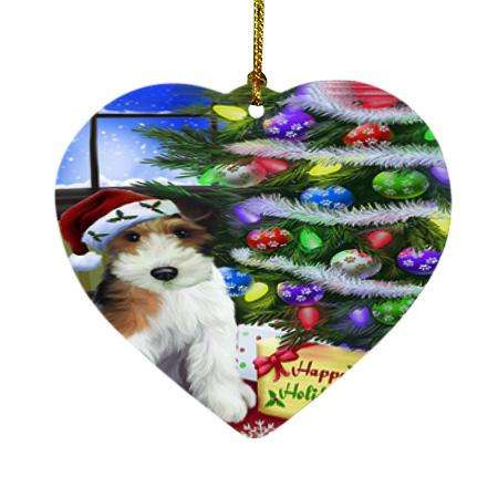 Christmas Happy Holidays Wire Fox Terrier Dog with Tree and Presents Heart Christmas Ornament HPOR53480