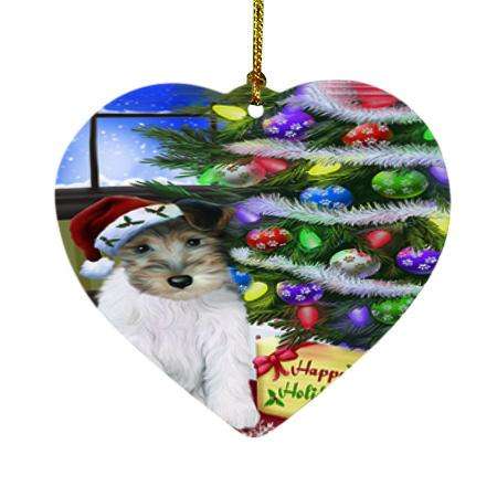 Christmas Happy Holidays Wire Fox Terrier Dog with Tree and Presents Heart Christmas Ornament HPOR53481