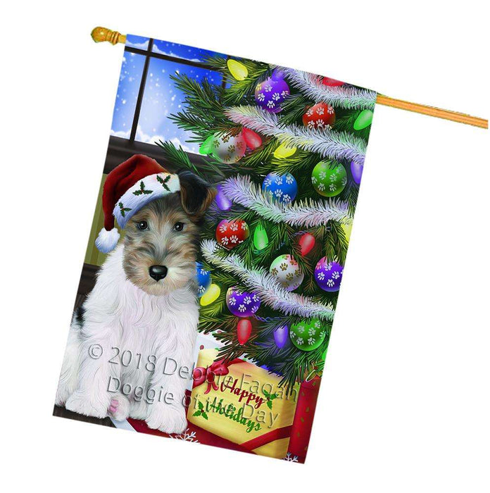 Christmas Happy Holidays Wire Fox Terrier Dog with Tree and Presents House Flag FLG53679