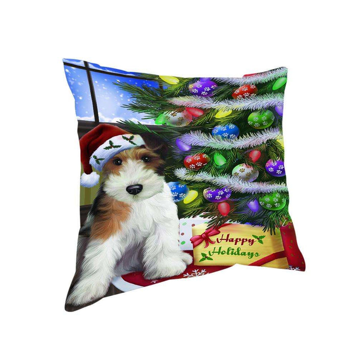 Christmas Happy Holidays Wire Fox Terrier Dog with Tree and Presents Pillow PIL70544
