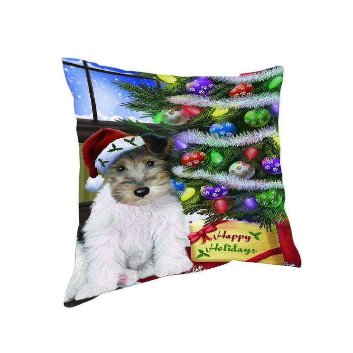 Christmas Happy Holidays Wire Fox Terrier Dog with Tree and Presents Pillow PIL70548