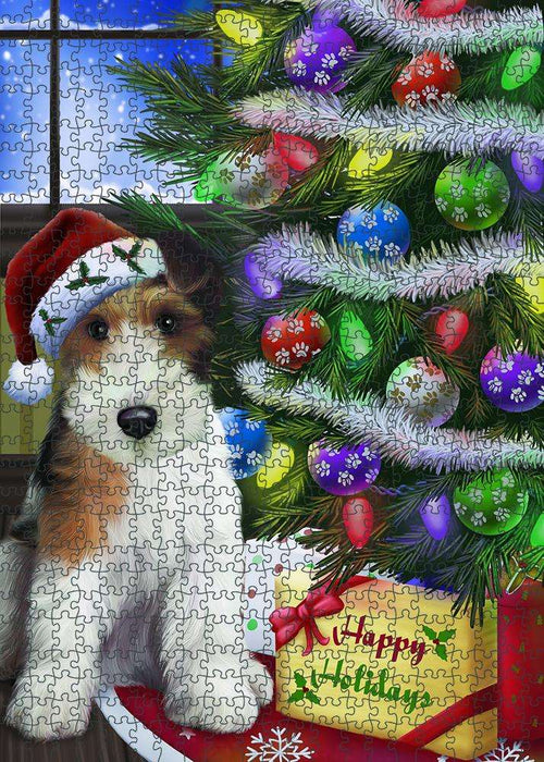Christmas Happy Holidays Wire Fox Terrier Dog with Tree and Presents Puzzle with Photo Tin PUZL81076