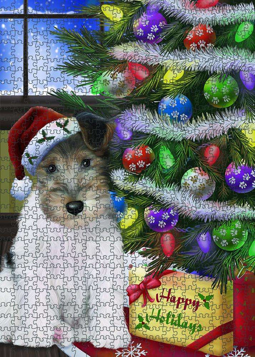 Christmas Happy Holidays Wire Fox Terrier Dog with Tree and Presents Puzzle with Photo Tin PUZL81080